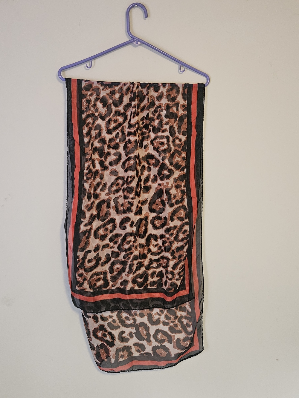 Leopard Print Sheer Scarf with Coral Trim - Picture 1 of 1